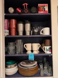 R3 Cabinet Full Of Glassware, Dishes, Mugs, Insulated Beverage Keepers, Bowls, Metal Mug Stand