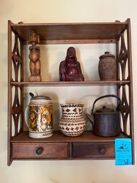 Wood Shelf With Drawers Includes Items On Shelves. Wood Figurines, Wood Jar, Tiger Stein, Small Basket