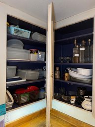 R3 Two Cabinets Full Of Plastic Food Storage, Canning Jars, Condiment Bottles, Corning Ware Cornflower Kettle,