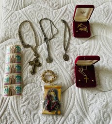 Rm5 Collection Of Religious Necklaces , A Pin And Vatican Stamps