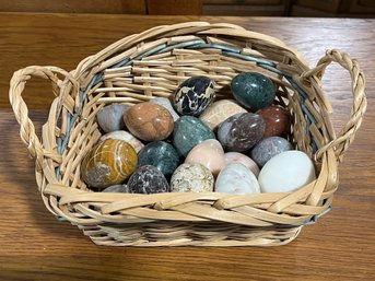 Italian Polished Stone Eggs In Basket - 23 Eggs