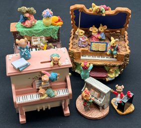 R5 Three Mouse Themed Piano Music Boxes And Two Small Piano Mice Figurines, Some Marked Enesco And Some Uniden