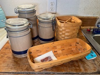 R3 Two Longaberger Baskets And Three Hermetic Stoneware Jars