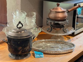 R2 Cake Stands, Punch Bowl, Relish Tray,  Oneida Silver Plate Ice Bucket, Copper  Fondue Style,