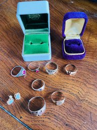 Rm5 Collection Of Rings, One 10k, A Pair Of Earrings, And Two Ring Boxes