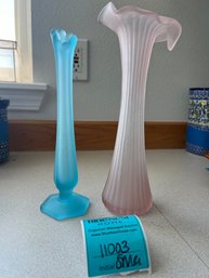 Pink Vintage Ribbed Vase And Blue Vase