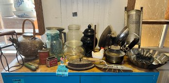 R2 Collection Of Antique Or Vintage Kitchen Tools, Irons, Jars