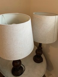 R2 Pair Of Matching Lamps With Fabric Shades And Wooden Bases
