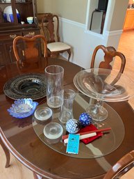 Glass Vases, Decorative Glass Plate, Glass Pedestal Bowl, Small Blue Shell Bowl, Two Candle Holders