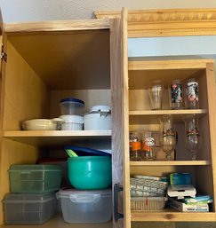Two Cupboards Filled With Used Plastic Ware, Disposable Plastic Ware, Coke And Hard Rock Cafe Glasses