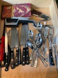 Assorted Utensils, Assorted Knives, OXO Containers, Pyrex Measuring Cups, Assorted Kitchenware, Knife Set