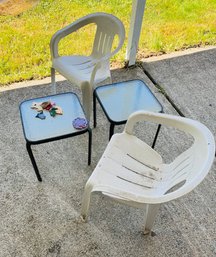 R00 Patio Furniture Two Chairs, Two Tables And Wind Chime