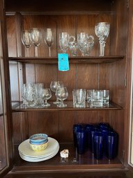 Variety Of Stemware, Crystal And Glass.  Brandy Glasses, Cut Glass Vases, Blue Glass Drinking Glasses