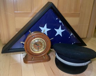 R7 Shadowbox With American Flag, Berkshire De Luxe Hat Marked Pentagon, And A Capstan-3E Clock