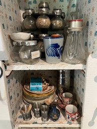 R2 Spice Jars With Rack, Cocktail Shaker, China Pieces, Small Pewter Cups, Vintage Grinder,