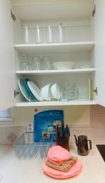 Rm2 Cupboard Full If Glassware, Bowls, Plates, Paper Plates, Also Includes Knives, Pitcher, Dish Rack, Covers