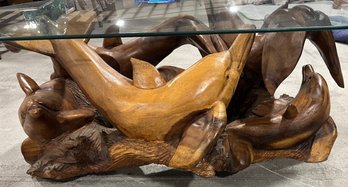 Teak Wood Dolphin Hand Carved Glass Top Coffee Table