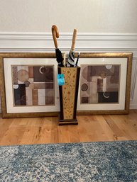 Umbrella Stand With Umbrellas And Two Pieces Framed Art