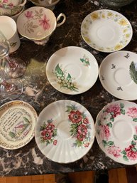 Variety Of Teacup And Plates Many Are Mismatched, Pitchers, Butter Dishes, Pink Champagne Glasses And Other