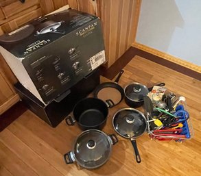 Incomplete Set Of Scanpan Classic Pans And Kitchen Utensils And A Dish Drying Rack
