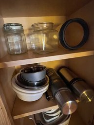 Three Cupboards Full Of Mugs, Vintage Corningware Garden Harvest Bakeware Thermoses, Glasses, Bowls, And Other