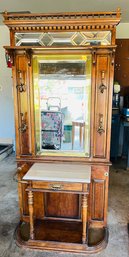 R0 Antique Entry Hall Tree With Mirror, Umbrella Stand, Hat Hangers, Drawer