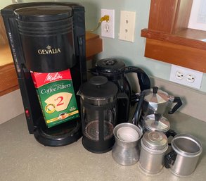 A4 Coffee Lot To Include Gevalia With Coffee Filters, French Press, And What Appears To Be A Excelsa Espresso