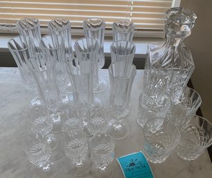 R8 Possibly Crystal Whiskey Glasses And Decanter, Six Crystal Cordial Glasses, Crystal Flute Glasses