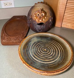 A4 Vintage Thai Wood Tray With With Ornate Carve Decorations, Ceramic Dishes Signed, And A Vintage Ceramic