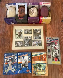 Framed Seahawks Signed Photos, Four Football, Some Deflated, Empty Wheaties Boxes With Football Themes