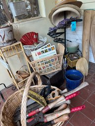 R1 Flower Pots, Garden Tools, Wicker Baskets And Stand, Wood Stool, Gardening Books, Sun Hats, 5 Tier Metal Pl