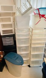 Rm5 Collection If Various Size Plastic Storage Units And Some Metal Shelves