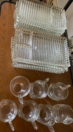 R8 Ten Glass Snack Plates With Cup Holder, Six Matching Glass Cups