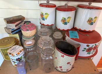 R1 Vintage Tins Of Various Sizes, Jars, Vintage Flour Swifter, Metal Delaware Cake Stand, And Matches