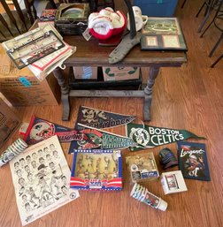 Sports Lot With Flags, Balls, Dispkay Cases, Poster, Cups, Books,and More Sports Related Items
