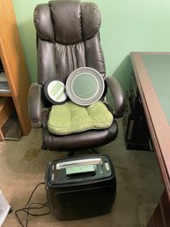 Adjustable Office Chair, Fellowes Shredder, Two Clocks, And Chair Cushion