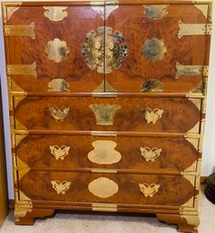 R9 Vintage Asian Burl Campaign Tansu Style Butterfly Chest Cabinet