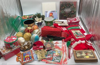 R3 Christmas Lot To Include Ornaments, Empty Tins, Books, Stockings, And Other Christmas Items