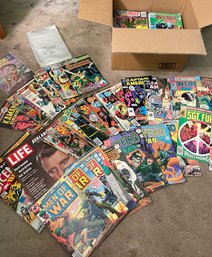 Box Of Comic Books Including Both Marvel And DC Comics. Also Includes Comic Book Sleeves