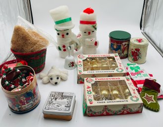 R3 Christmas Items To Include Ornaments, Tins, Baskets, Ribbon, Homemade Snowman Crafts