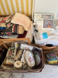 R8 Large Basket With Supplies For Middle Point, Vintage Curtains, Various Fabric And Baskets