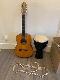 R1 Small Guitar (with Broken String), Small Djembe Drum, Wooden And Rope String Of Beads
