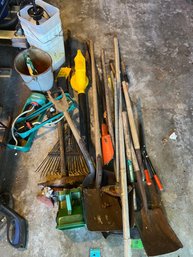 Rm00.  Collection Of Garden And Yard Tools.  Square Point Shovels, Post Hole Digger, Sprinklers, Buckets,