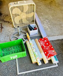 R0 Lot Includes Vintage K-Mart Box Fan, Shade, Wall Art, Window Screen, Batteries, 7-11 Crate