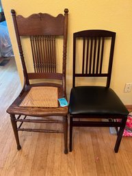 Antique Woven Cane Seat Chair And  Folding Chair With Black Vinyl Seat Cushion