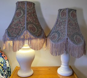 R8 Two Elegant Vintage Fringe Lamps With What Appears To Be Milk Glass And Handstitched Elements