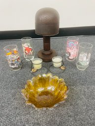 R4 Vintage Hat Mold, Amber Glass, Two Finger Candle Holders, Four Vintage Glasses Feature Coca Cola, Muppets,