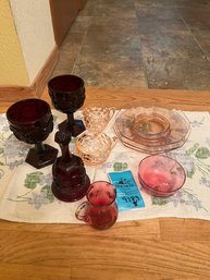 Avon Ruby Glass Goblets And Bell, Pink Glass Plates, Jeanette  Cubist Pink Glass Sugar And Creamer
