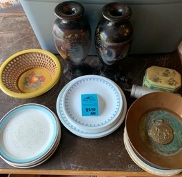 Corelle Plates, Noritake Decorative Plate, Pair Of Japanese Vases, Franciscan Earthenware Plates, Copper Bowl
