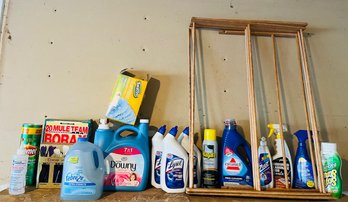 R0 Laundry Room Supplies Lot Wood Dryer Rack, Detergent, Fabreeze, Lysol,Starch,Swiffer, Downy,Bleach